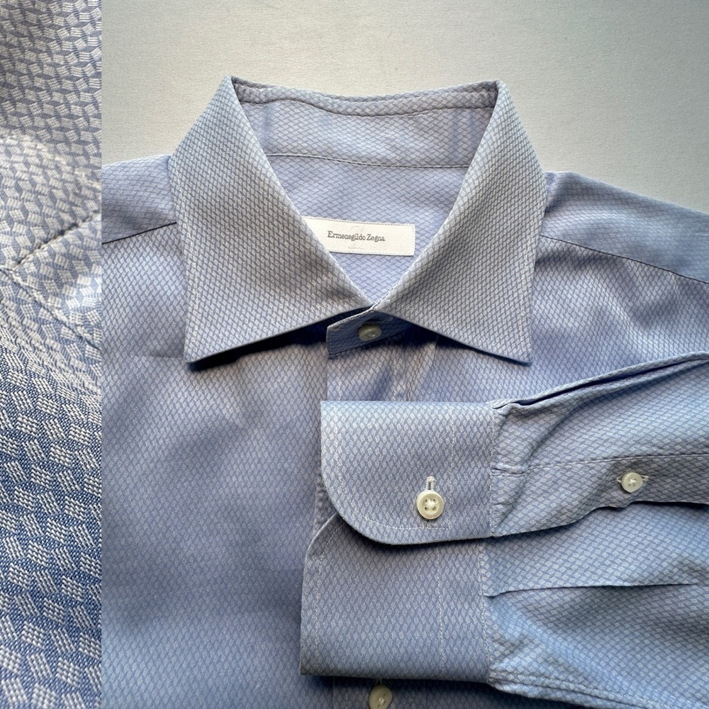 Ermenegildo Zegna Dress Shirt Mens 17 Blue Jacquard Italy Designer Old Money EUC
